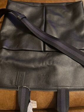 Black Leather Unisex Fold Over Tote with Dual Straps